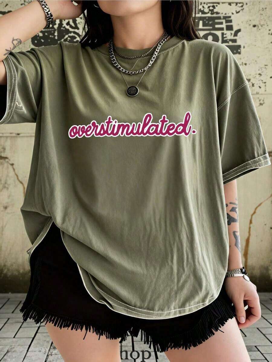 Retro Humorous Letter Patterns Washed Summer Graphic Tee, Oversized Women's Beach, Street Fashion Top For Women - 綠色 - 查看 1