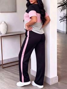 Women's Spring/Summer/Autumn New Crew Neck Striped Colorblock Short Sleeve T-Shirt & Casual Daily Elastic Waist Drawstring Colorblock Pants 2-Piece Set, Fashionable Colorblock Pocket Casual Loungewear Set, Summer Sports Casual Set, Comfortable For Outings - Black - View 8