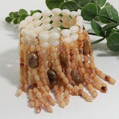 1pc Retro Bohemian Style Acrylic Faux Stone Tassel Multi-Layer Beaded Bracelet, Suitable For Women's Daily Commute, Vacation Outfit, Party Wear