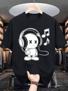 Unisex Size. Women's Plus Size Summer Cotton T-Shirt. Men's Red Graphic Music Design T-Shirt - Casual Summer T-Shirt With Robot And Headphones Design, Crew Neck, Short Sleeves, Cotton, Machine Washable. Sweat-Absorbing, Soft, And Skin-Friendly Material. - 黑色 - 查看 6