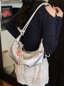 1pc Solid Color PU Crescent Shoulder Bag, Large Capacity, Fashionable For Adult Women, Suitable For Outings And Shopping - Silver - View 4