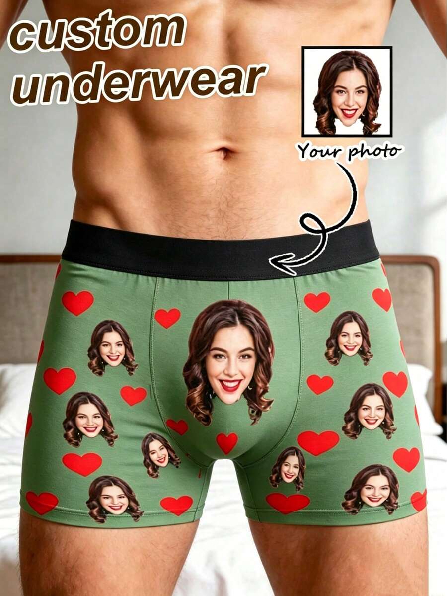 Celana Dalam Boxer Pria Motif Hati Merah Cetak Wajah Kustom, Warna Hitam, Lembut, Nyaman, Ringan, Bernapas, Menyenangkan, Kreatif, dan Dipersonalisasi, Pilihan Sempurna untuk Pernikahan - MultiWarna - View 1