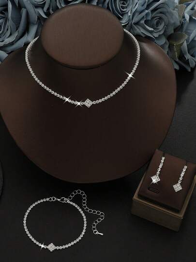 4件套，优雅方形水钻网球项链耳环手链套装，闪亮银色新娘首饰套装，适合女性婚礼、舞会、派对，奢华闪亮水晶首饰礼品