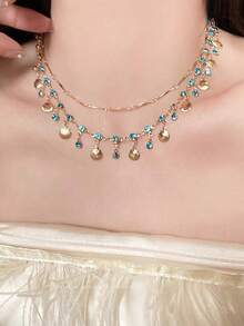 1 pieza Elegante collar de múltiples capas con borla de concha de rhinestone en estilo minimalista, adecuado para uso diario de mujeres, fiestas de noche importantes, regalo para el cumpleaños de la novia/mejor amiga - Collar con borla de concha marina de doble capa - Ver 3