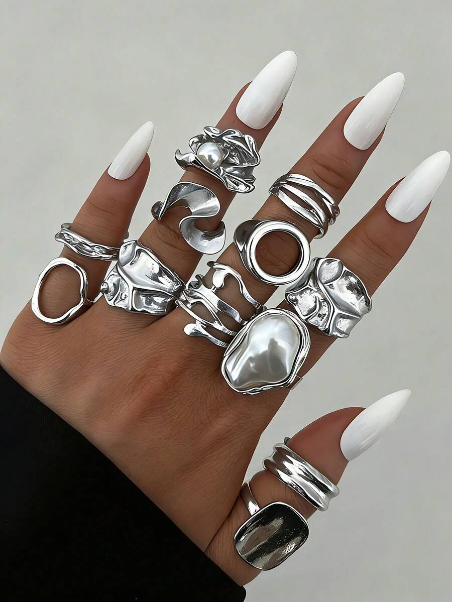 12pcs/Set Vintage Elegant Bohemian Gothic Style Silver Rings, Featuring Hollow Asymmetrical Geometric Pleated Baroque Asymmetric Pearl Stacking Multi-Element Design Rings, Suitable For Daily, Party, Date, Holiday Wear, Gift - Silver - View 1