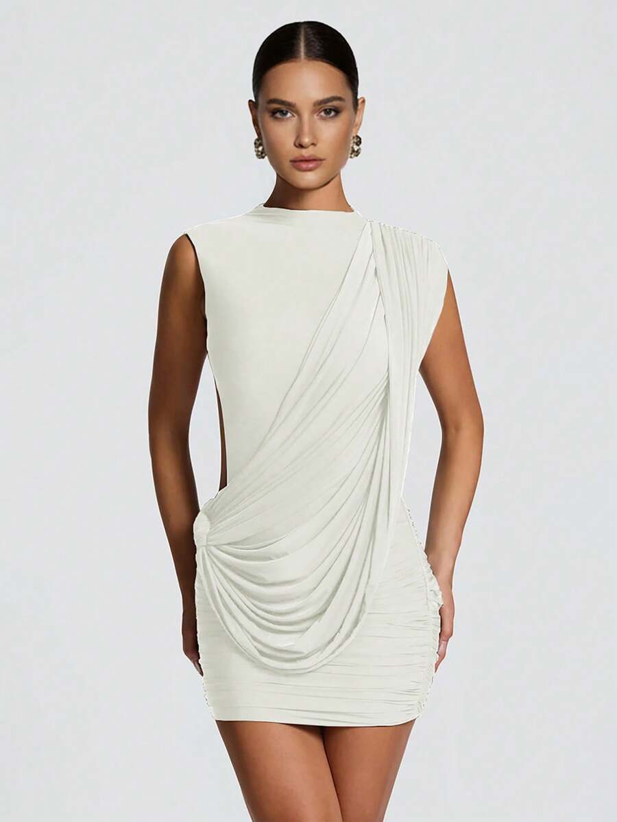 Vestido de fiesta mini de punto con drapeado sin mangas elegante para mujer - Blanco - Ver 1