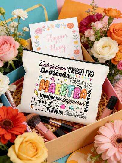 Maestra Letter Pattern Makeup Bag,Floral Print Zipper Women Cosmetics Bag,Transparent Storage Bag Wash Bag, Gifts For Her,Suitable For Women Cosmetics Storage, University Dormitory Cosmetics Storage, Travel, Gift Bags,Teacher's Day Gift Bag, Gift For Teachers, Portable Shopping Bag