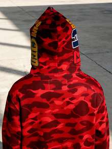 Classic Camouflage Shark Head Autumn And Winter Hooded Sweater Men's And Women's Cardigan Zipper Jacket - 紅色 - 查看 6