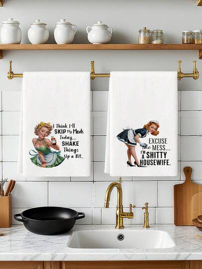 2 Pcs Funny Housewife Kitchen Towels Vintage Humor Style Dish Towels Can Be Used In Kitchen Drying Hand Towels Tea Towels Suitable For Farmhouse Kitchen Home Indoor Dish Drying