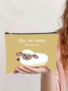 Túi đựng mỹ phẩm in hình cừu tối giản mừng lễ Eid Al-Adha Mubarak, túi xách tay có khóa kéo dễ thương chủ đề lễ hội Hồi giáo. - Xem 2