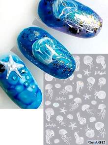 2片装3D海洋生物美甲贴纸，彩色极光水母贝壳海星夏季美甲设计，Y2K可爱迷人美甲贴花，DIY自粘美甲贴纸，美甲沙龙配件 - 彩色 - 查看 8