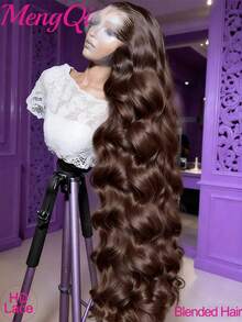 Peluca sintética ondulada de alta densidad (200%) de color marrón oscuro, peluca ondulada frontal de encaje transparente de alta definición 13x4 en marrón chocolate #4, peluca ondulada sin pegamento con línea del cabello recortada previamente para mujeres - Marrón - Ver 32