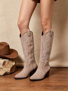 Cowgirl Outfits For Women Boots Khaki Knee High Pointed Toe Thick Heels Festival Shoes Fashion Country Concert Combat Boots For Women - Da lộn kaki - Xem 5