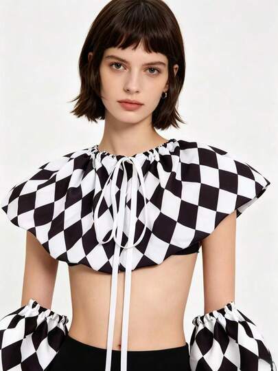 1 Set Black & White Plaid Detachable Collar, Clown Costume With Plaid Pattern Fake Collar, Unisex Clothing Accessory