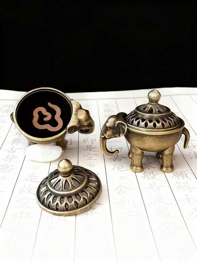 Bộ 2 món đồ trang trí đốt hương trầm sang trọng tối giản bằng sắt và nhựa, bao gồm 1 lư hương hình voi may mắn và 1 vòng hoa mây may mắn, thích hợp để bàn làm việc văn phòng.