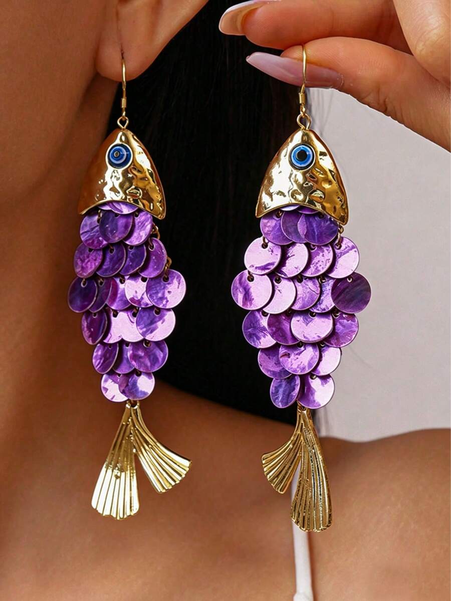 1对创意鱼形贝壳流苏耳环,优雅个性化配饰,充满海滩度假风情 - 紫色 - 查看 1