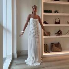 Women's Elegant White Flared A-Line Midi Dress With 3D Rose Details, Strapless Sleeveless Party Dress, Perfect For Special Occasions - 白色 - 查看 1