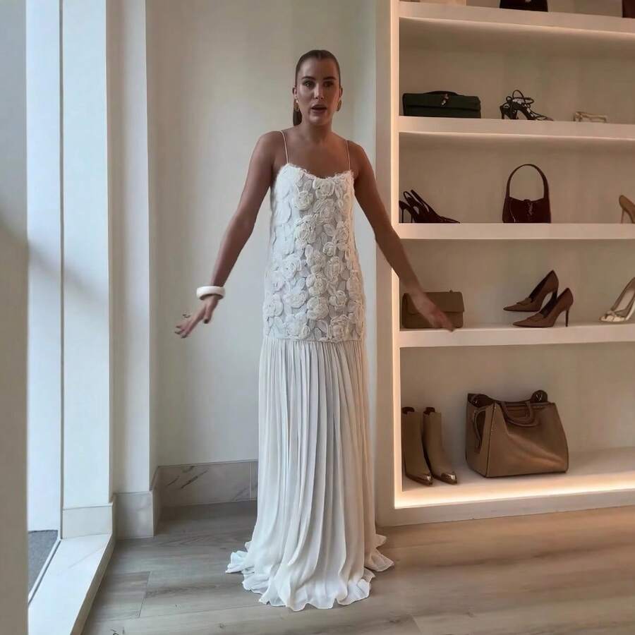 Women's Elegant White Flared A-Line Midi Dress With 3D Rose Details, Strapless Sleeveless Party Dress, Perfect For Special Occasions - 白色 - 查看 1