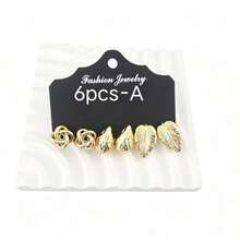 Set de 4 piezas/14 piezas de pendientes de estilo europeo y americano, combinación de varios estilos como mariposa/hoja/botón - Dorado - Ver 3