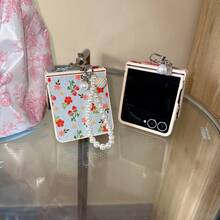 Glitter Crushed Flower Galaxy Z Flip7 Foldable Phone Case, Pearl Chain Pendant Decoration, Cute & Delicate ZFlip6 Hard Shell Protective Cover, ZFlip5 Women's Wristlet, Anti-Drop Flip Cover - Blue - View 7