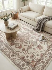 1pc Khaki Floral Style Large Living Room Carpet, Leaf Pattern Print, Fresh Spring/Summer Design, Soft & Comfortable Texture, Easy Care, Non-Slip Bottom, Suitable For Living Room, Bedroom, Kitchen, Dining Room, Entryway, Office And Other Home Decor - Khaki - View 4