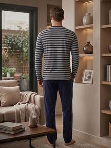 Men's Striped Cotton Long Sleeve Pajama Set, Comfortable Two Pieces Loungewear Sleepwear Set - Multicolor - View 2