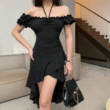 Summer Black A-LINE Dress Women Streetwear Off Shoulder Short Sleeves Ruffled Mid Length Dresses Club Elegant Partywear - 黑色 - 查看 7