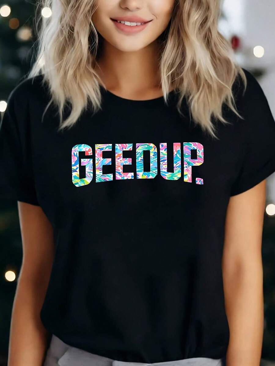 Geedup 1 Pcs Women's Plus Size T-Shirt Funny Oversized Graphic Short Sleeve Tee 100% Polyester Novelty Shirt 220g Casual Crew Neck Top - 黑色 - 查看 1