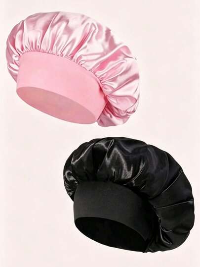 2个装真丝吹风帽，缎面睡帽，柔软弹力带，发套，适合女性，黑色、粉色、蓝色可选，家居卫浴装饰，夏季返校季经典纯色卷发宽檐弹力缎面帽，女士夜间护发礼品