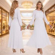 Vestido Longo Feminino Casual Elegante Plissado Com cinto Formal e Noturno - Branco - Visão 4
