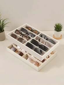 Velvet Fashion Glasses Organizer - Eyeglasses Storage Box Multifunctional Tray For Glasses, Earrings, Rings, Necklaces, Bracelets Storage Tray, Unisex Desktop Organizer - Beige - View 2