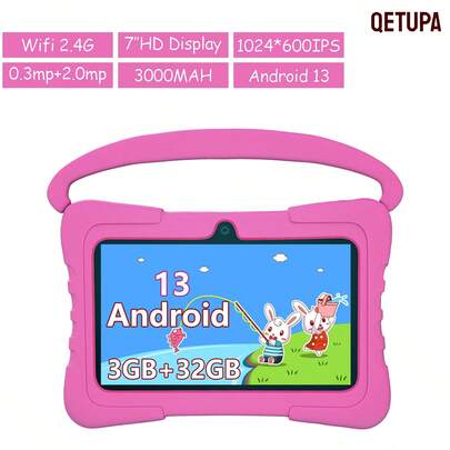Qetupa 7 Inch Kids Tablets Android 13 Quad Core 3GB RAM 32GB ROM 3500mAh Bluetooth Gift Kids Software Tablet Pc Kids 3-14 With Silicone Case
