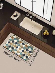 1pc Vintage-Style Moroccan Tile Pattern Silica Gel Kitchen Mat, Featuring Staggered Arrangement Of Colorful Diamond Shapes In Retro Blue, Brown, Beige, And Gold Tones, Presenting An Aged, Distressed Texture With A Blend Of Vintage And Luxurious Aesthetics. - Multicolor - View 15