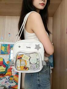 1pc Cute Japanese Style Shoulder Bag, Transparent Window With Adorable Cat Design, Detailed Star & Wing Decor, Small Capacity Crossbody Bag, DIY Ita Bag Suitable For Commuting, Shopping, Party, Displaying Anime Accessories - Multicolor - View 1