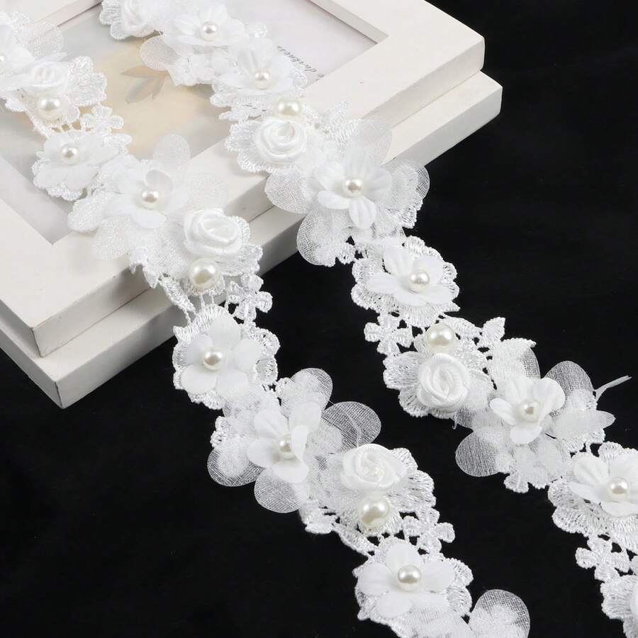 4.5cm Wide Elegant White & Pearl Decorated Rose Lace Trim - Polyester Floral Embroidered Satin Ribbon, Suitable For DIY, Sewing And Decorative Purposes, Sewing Supplies And Accessories - Multicolor - View 1
