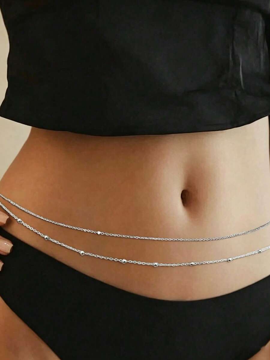 2 piezas Cinturón de cadena de perlas versátil y de moda para mujeres - Plateado - Ver 1