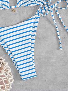 PEPPERMOLLY Bộ bikini hai mảnh kẻ sọc, dây mảnh buộc eo, gợi cảm dành cho nữ, thích hợp cho kỳ nghỉ hè ở hồ bơi, bãi biển. - trời xanh - Xem 7