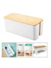 1 pieza Caja organizadora de cables de madera de bambú, caja de almacenamiento de cables de datos, caja organizadora de cables de alimentación, caja de clasificación, soporte de cables de computadora para enchufes, caja de enchufes - Blanco - Ver 3
