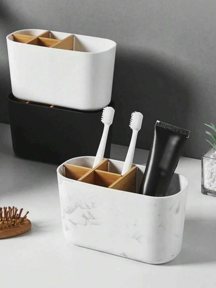 Sleek Bathroom Decor Toothbrush Organizer Bathroom Accessory Sets Toothbrush Holder To Keep Countertop Neat Detachable Bamboo Divider Matte White Toothpaste Caddy Storage Box - Multicolor - View 4