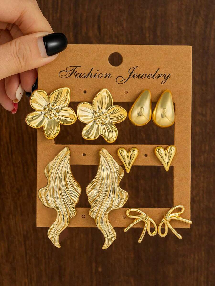 2/10pcs Gold-Tone Fashion Earrings Set For Women, Includes Flower, Leaf, Teardrop, Heart, Bow Designs, Suitable For Daily, Party, Holiday Wear, Great Gift For Girlfriend, Mom - Gold - View 1