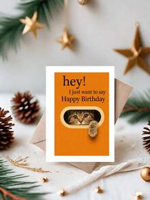 1张可爱生日贺卡，送给爱猫人士、好友、室友——猫咪偷窥的逼真插画，温馨贺卡，附信封 - A - 查看 12
