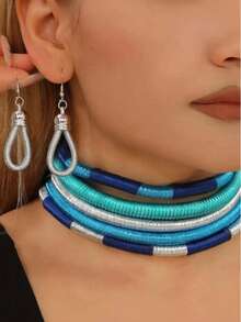 1 Set, African Wrapped Necklace Set, Handwoven Light Blue Multi-Layer Cord Necklace And Earrings - Baby Blue - View 3