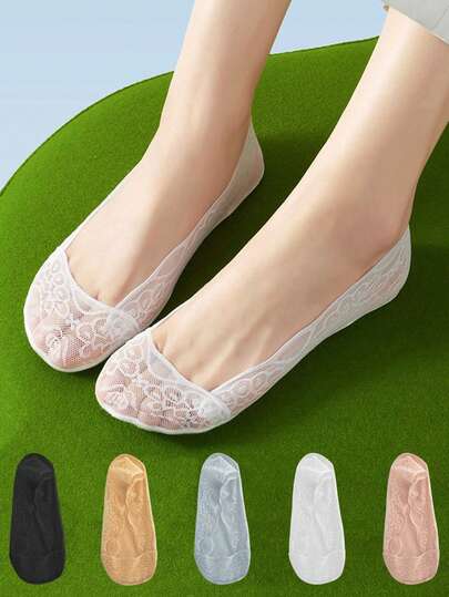 chuanwa（2） 1/5/10 Pairs Women's Summer Breathable Silicone Non-Slip Thin Transparent Lace Patchwork Boat Socks