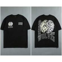 DARCSPORT New Colors Are Back: Wolf Head Print Pure Cotton Short-Sleeve T-Shirt, Loose Fit For Men And Women, Couple's Top TEE - 黑配米 - 查看 9