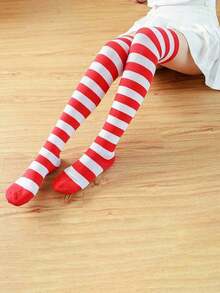 1 Pair Women's Striped Knee High Socks, Fashion Colorful Stripes, Thigh Socks, Long Socks, Girls Socks, Party Socks, Dance Socks, Punk Style, Rockstar, For Daily Wear, Cozy Socks - 紅白條紋 - 均碼 - 查看 8