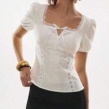 Women's Solid Color Knotted Casual Versatile Daily Wear Short Sleeve Shirt,Summer Top - Café integral - Ver 2