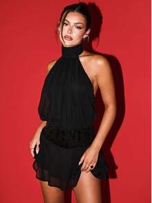 Women's Pleated Waist Sheer Mesh Ruffle Mini Dress Summer Casual Halter Neck High Neck Bodycon Short Dress Self-Tie Backless Sundress Party Clubwear - 亮片黑色 - 查看 2
