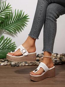 White Platform Thong Sandals For Women, Adjustable Buckle Wedge Flatform Slides - White - View 3