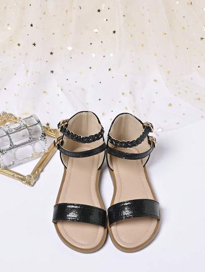 1双新款时尚PU绑带踝带编织平底罗马凉鞋，百搭夏季连衣裙、舞台、婚礼、节日和日常穿着，适合女孩