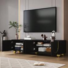 TV Stand, Low Model With Textured Doors, Gold Decorations, Round Gold Legs, Includes Shelves And Push-To-Open Mechanism. - Black - View 2